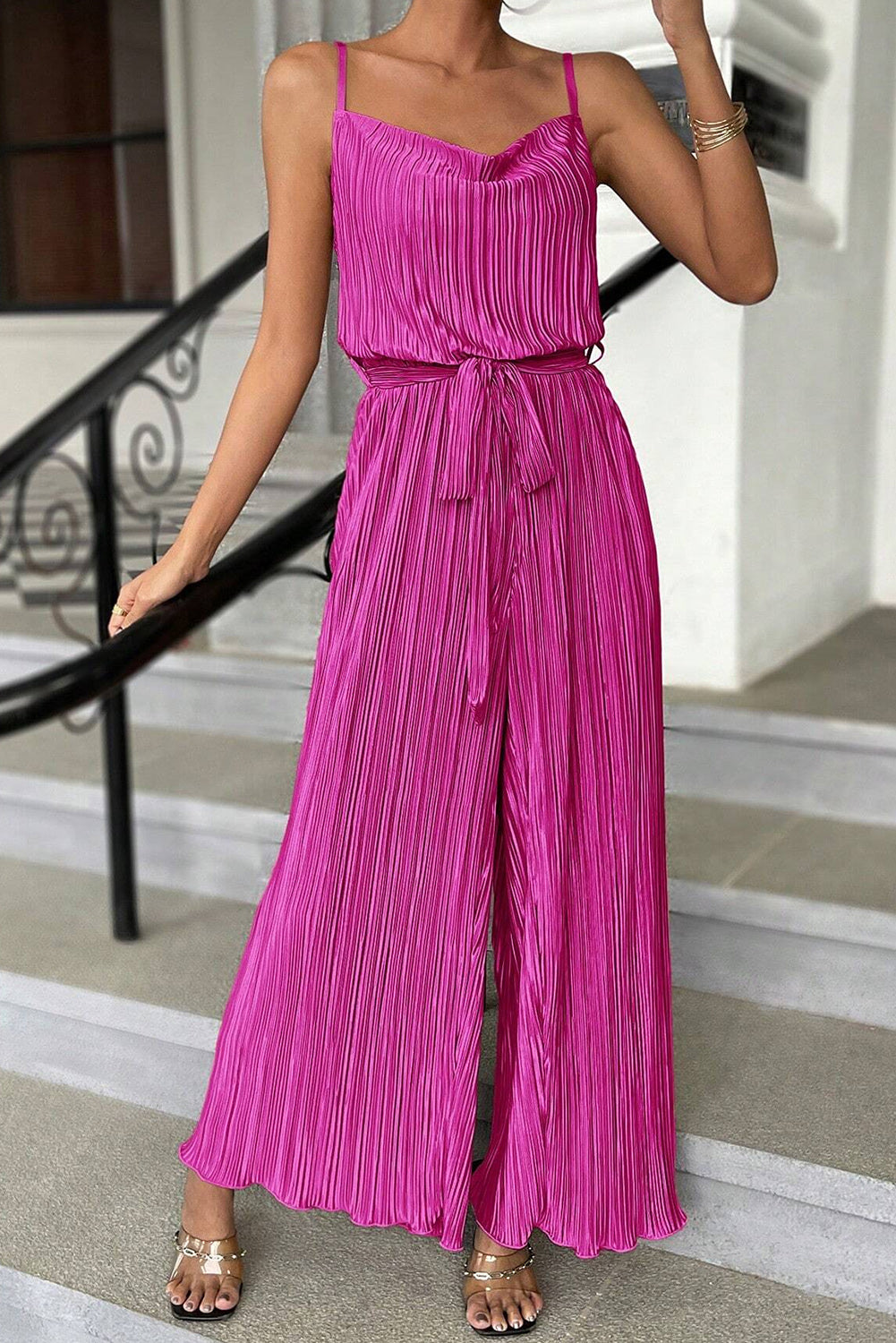 Bright Pink Spaghetti Straps Drape Front Pleated Wide Leg Jumpsuit Bottoms JT's Designer Fashion