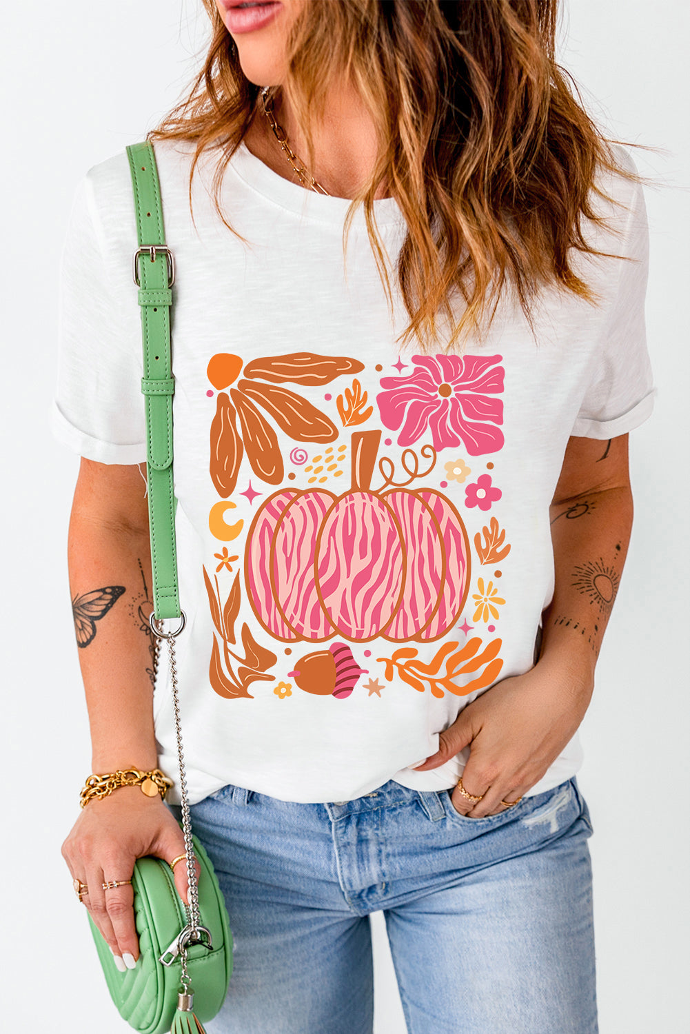 White Floral Pumpkin Printed Crewneck Thanksgiving T Shirt Graphic Tees JT's Designer Fashion