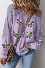 Orchid Petal Mardi Gras Patched Pattern Waffle Patchwork Sweatshirt Orchid Petal 50%Polyester+50%Cotton Graphic Sweatshirts JT's Designer Fashion