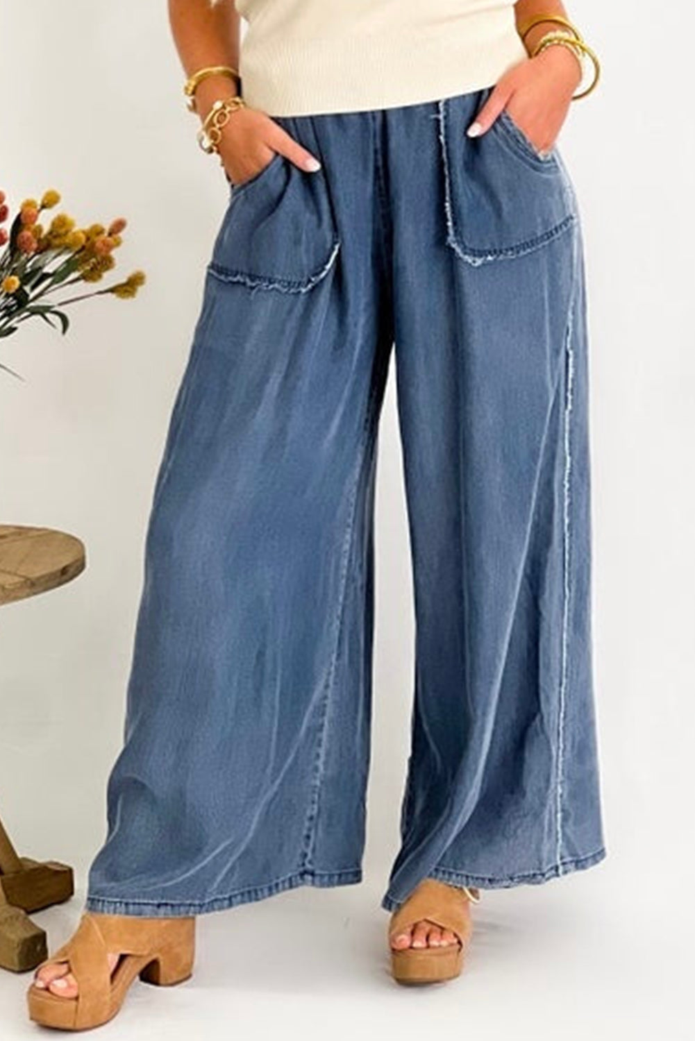 Sail Blue Washed Denim Chambray Loose Plus Size Pants Sail Blue 100%Cotton Plus Size Bottoms JT's Designer Fashion