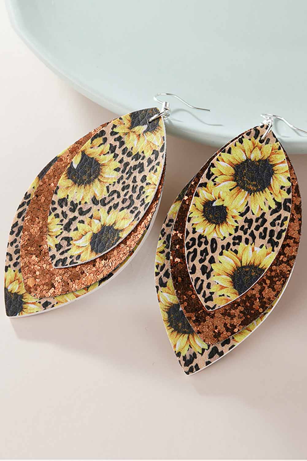 Leopard Sunflower Golden Sequined Leaf Multi-Layered Leather Earrings Jewelry JT's Designer Fashion