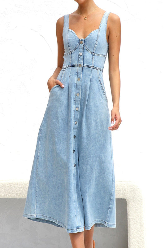 Sweetheart Neck Wide Strap Denim Dress Light Maxi Dresses JT's Designer Fashion