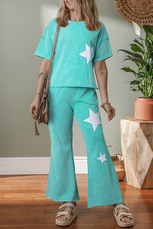 Mint Green Acid Wash Star Patched Rolled Trim Pants Set Pant Sets JT's Designer Fashion