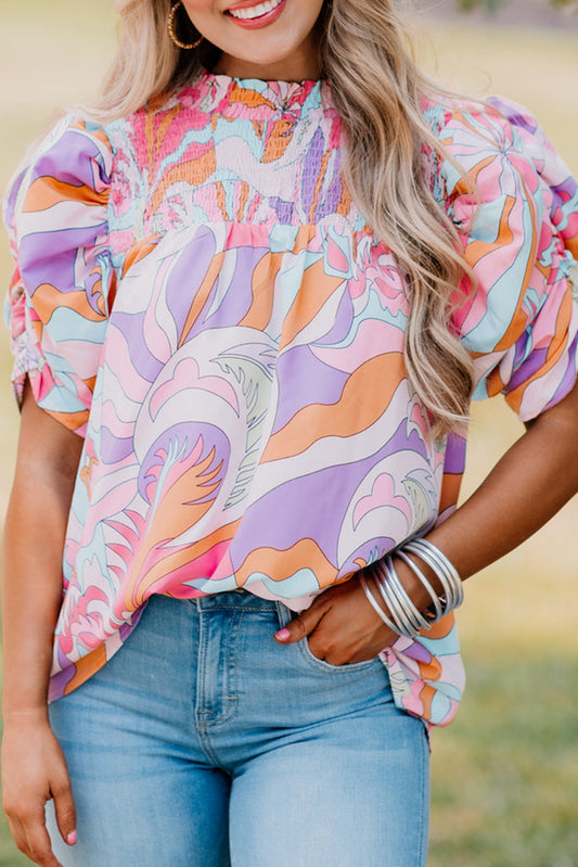 Pink Abstract Print Bubble Sleeve Smock Detail Blouse Tops & Tees JT's Designer Fashion