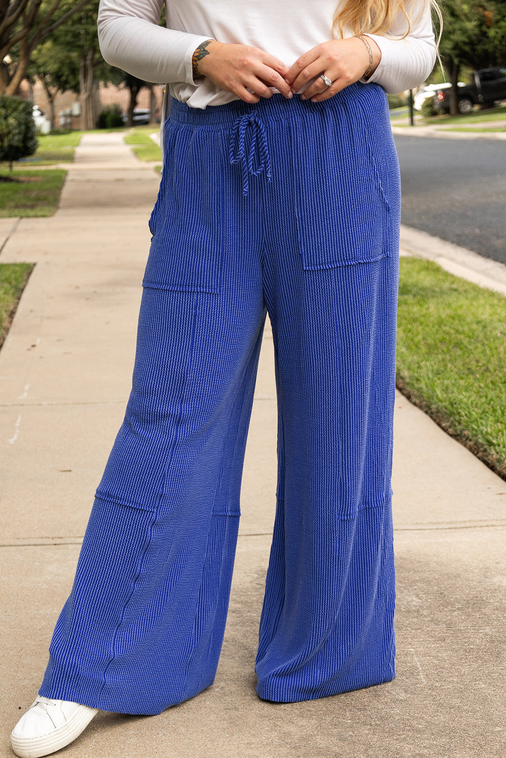 Sky Blue Corded Drawstring High Waist Pocket Plus Size Wide Leg Pants Plus Size Bottoms JT's Designer Fashion