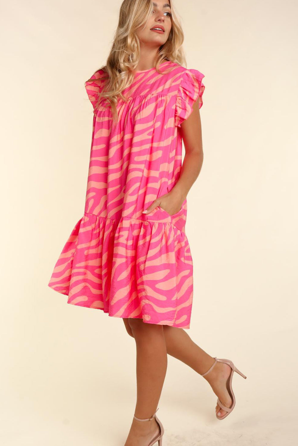 Pink Zebra Stripe Printed Ruffle Trim Pocketed Dress Dresses JT's Designer Fashion