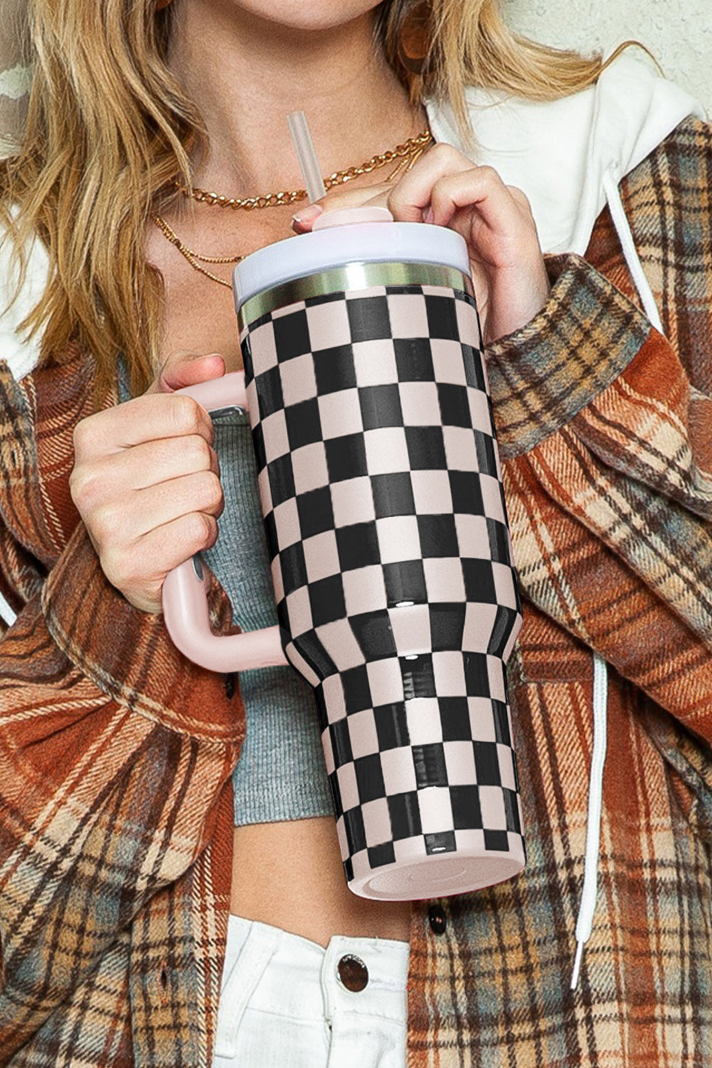 Black Checkered Print Handle Large Vacuum Cup 40OZ Tumblers JT's Designer Fashion