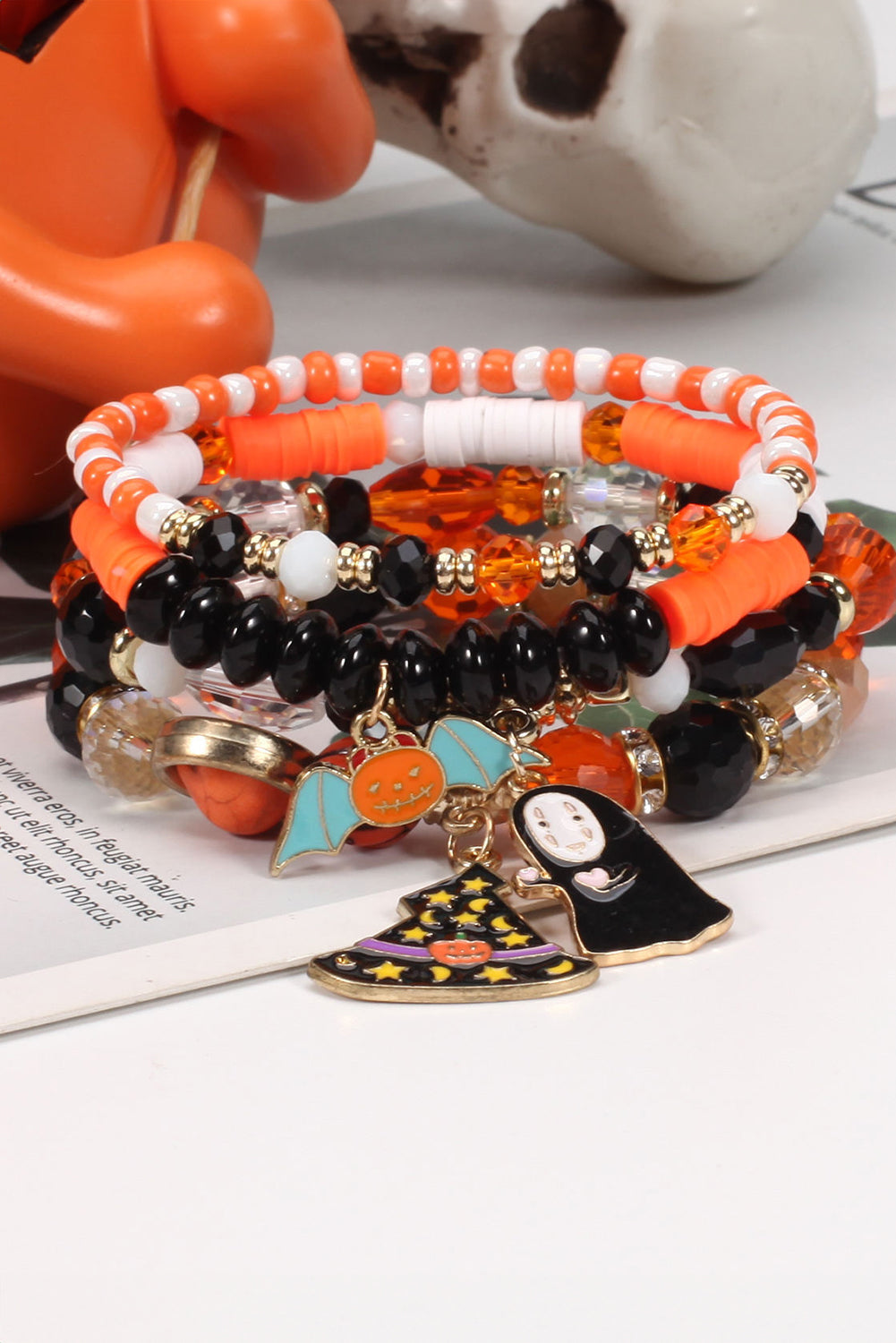 Orange Halloween Pumpkin Ghost Pendant Layered Beaded Bracelet Set Jewelry JT's Designer Fashion