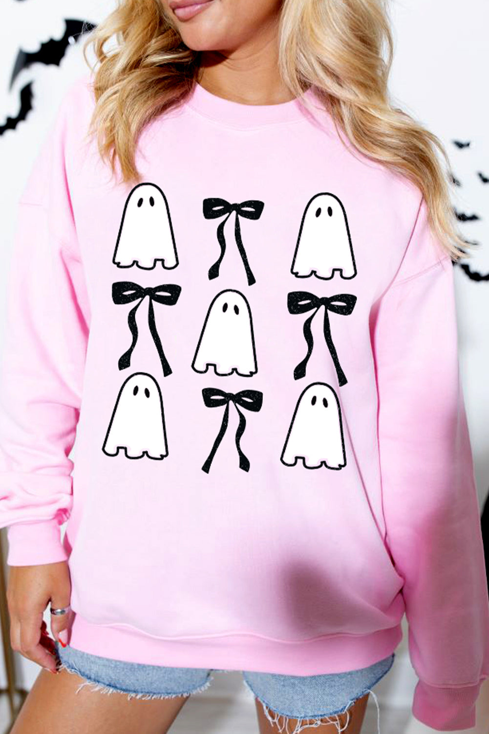 Pink Ghost Bowknot Printed Drop Shoulder Halloween Sweatshirt Graphic Sweatshirts JT's Designer Fashion