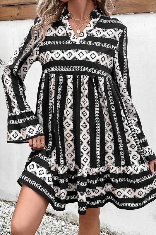 Black Boho Geometric Printed Flared Long Sleeve Mini Dress Mini Dresses JT's Designer Fashion