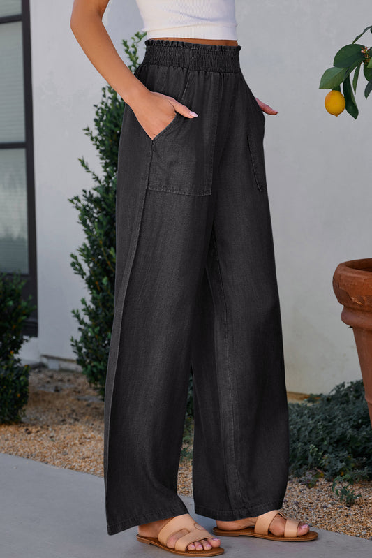 Black Side Pockets Frilled Smocked High Waist Wide Leg Jeans Jeans JT's Designer Fashion