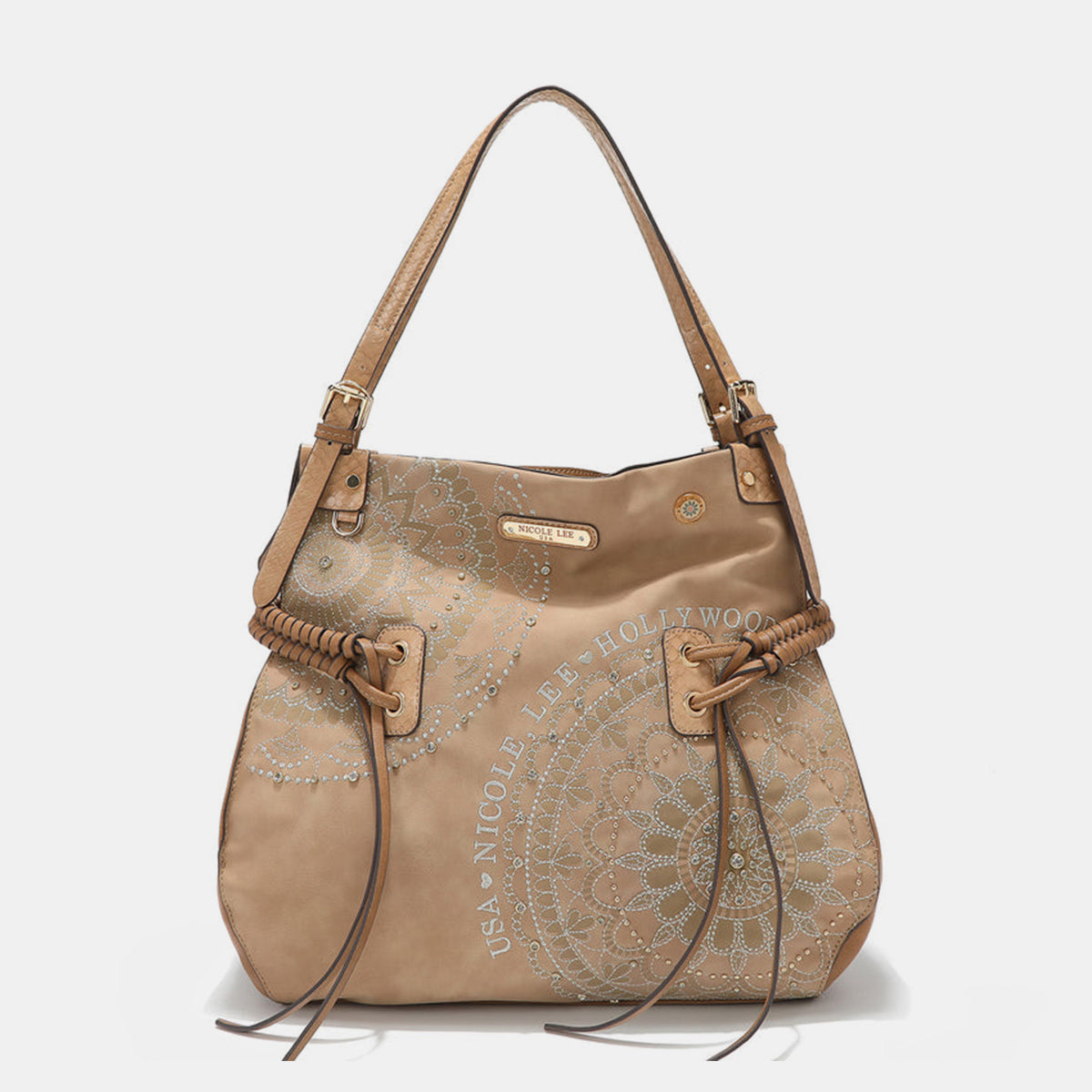 Nicole Lee USA Side Braided Tassel Inlaid Rhinestone Embroidery Hobo Bag Beige One Size Shoulder Bags JT's Designer Fashion