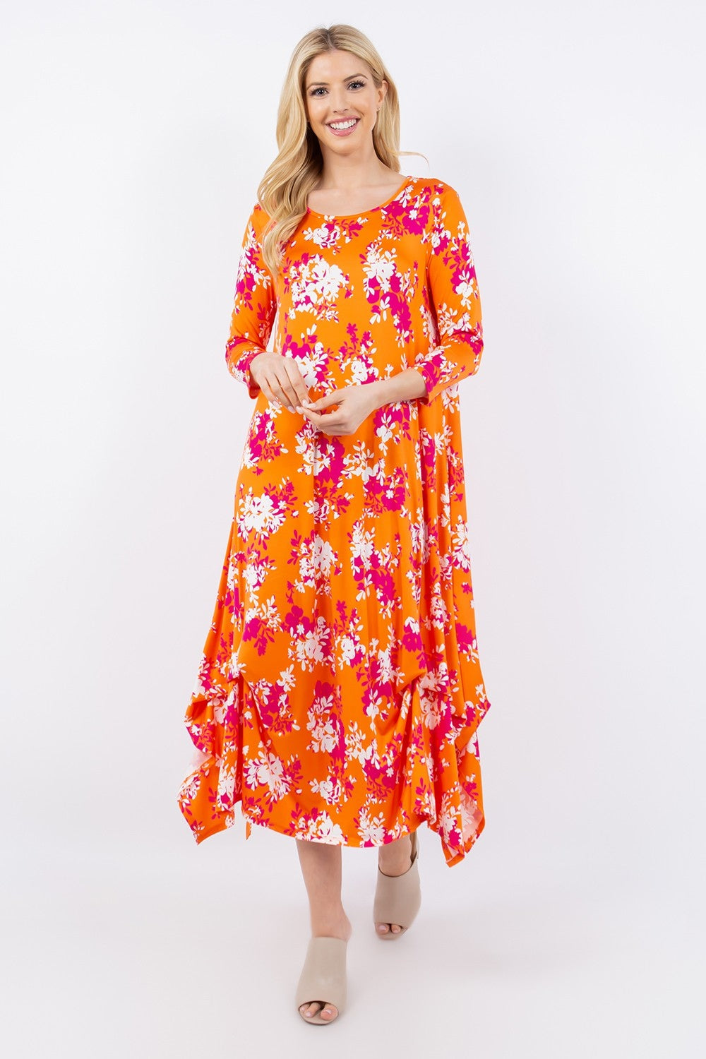 Celeste Full Size Pick-Up Hem Asymmetric Floral Midi Dress Midi Dresses JT's Designer Fashion