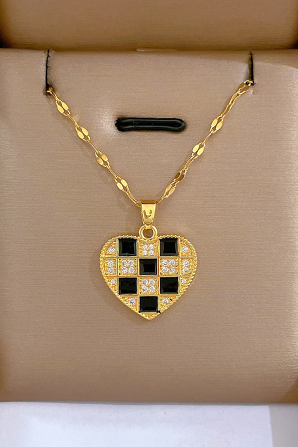 Gold Checker Heart Shape Pendant Necklace Jewelry JT's Designer Fashion