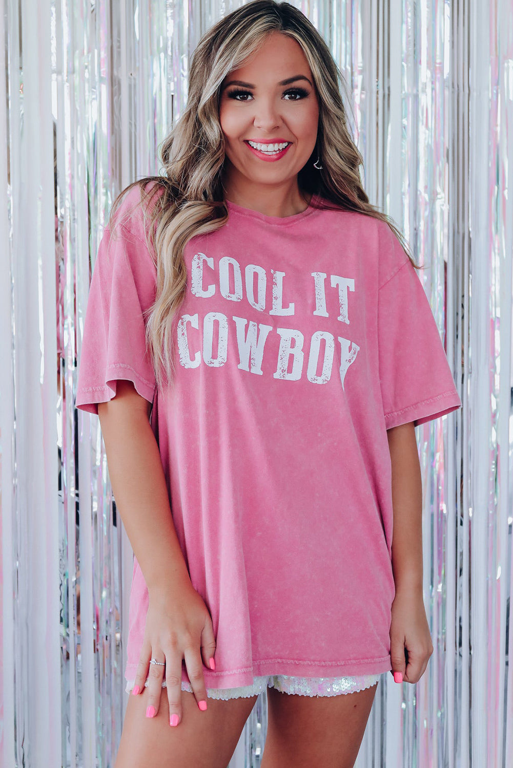 Pink Mineral Wash Cool It Cowboy Graphic Oversized Tee Pre Order Tops JT's Designer Fashion