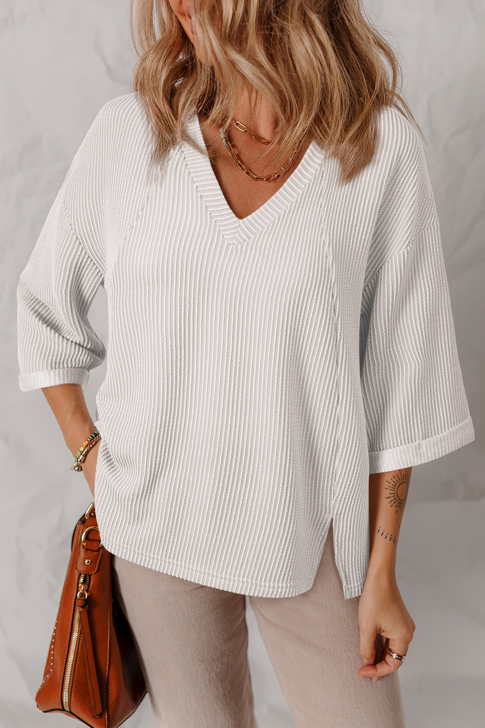 White Solid Color Corded Drop Shoulder 3/4 Sleeve V Neck Top Long Sleeve Tops JT's Designer Fashion