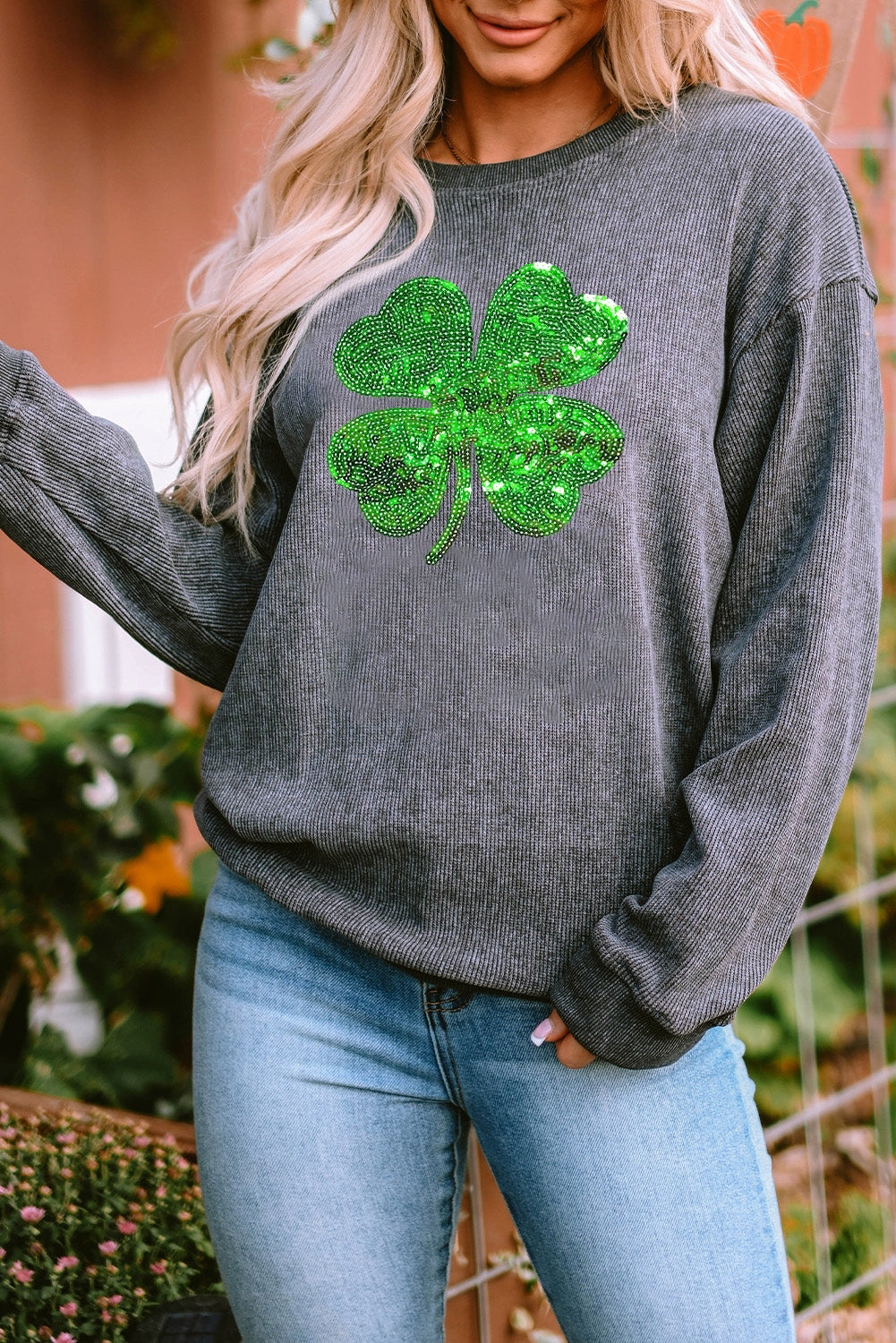 Gray Sequin St Patrick Clover Patch Corded Sweatshirt Graphic Sweatshirts JT's Designer Fashion