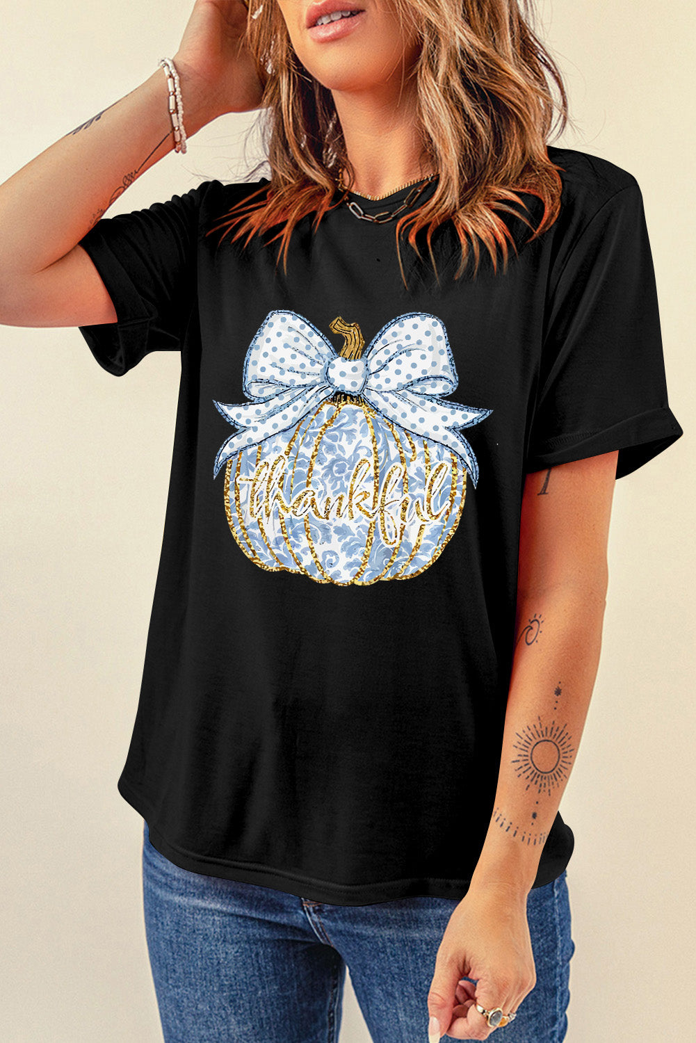 Black Polka Dot Bow Knot Thankful Pumpkin Graphic T Shirt Graphic Tees JT's Designer Fashion