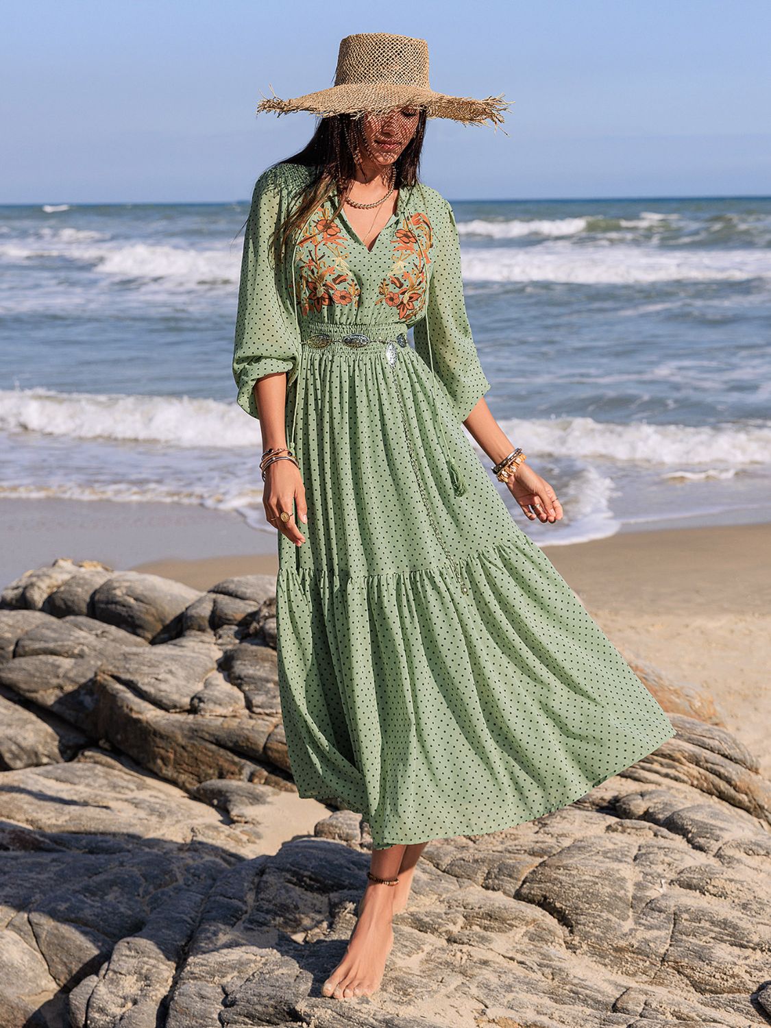 Embroidered Polka Dot Tie Neck Long Sleeve Midi Dress Gum Leaf Maxi Dresses JT's Designer Fashion