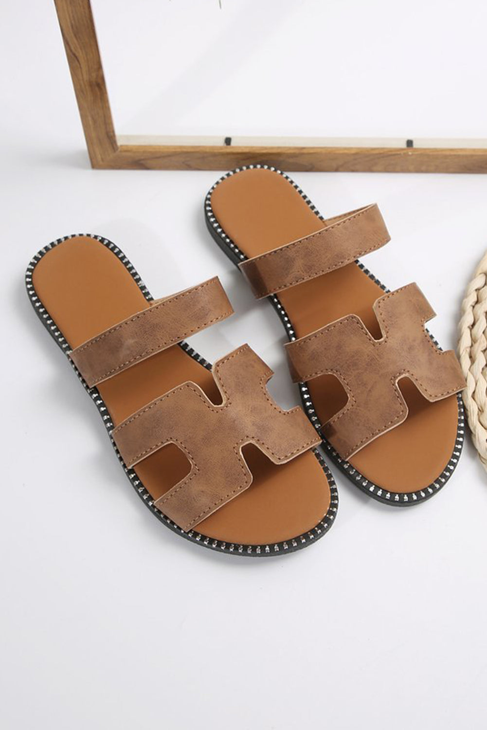 Brown Cut Out H Shape Band Leather Slippers Slippers JT's Designer Fashion