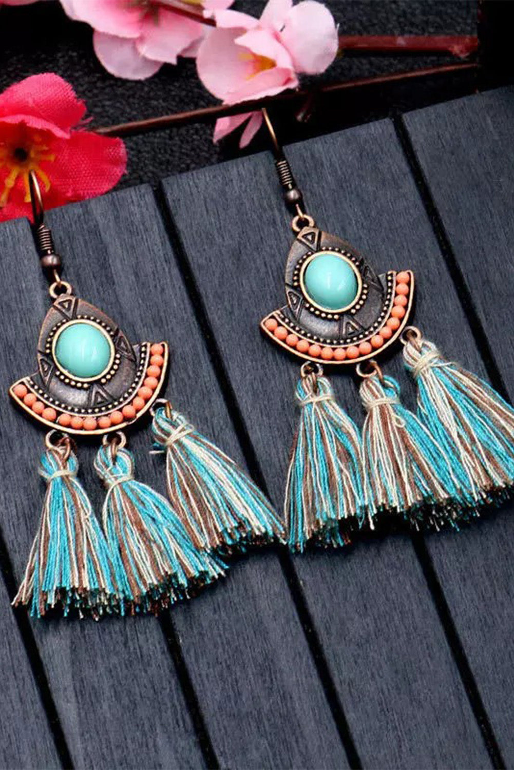 Sky Blue Bohemian Beaded Gem Stone Tasseled Earrings Jewelry JT's Designer Fashion