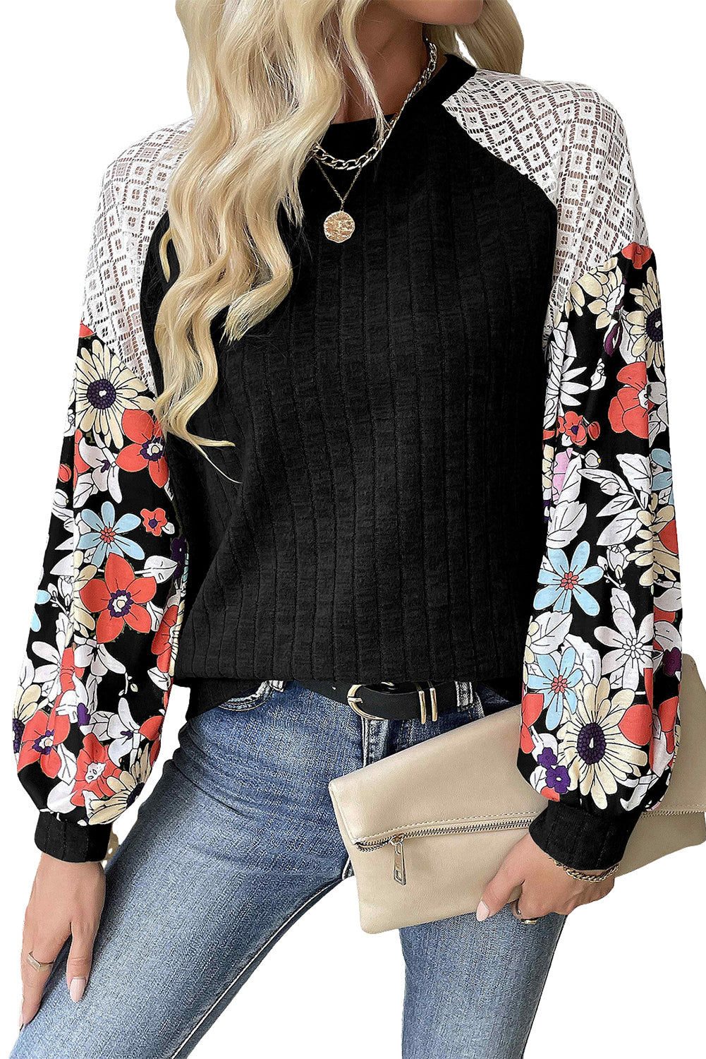 Black Floral Patchwork Long Sleeve Ribbed Blouse Blouses & Shirts JT's Designer Fashion