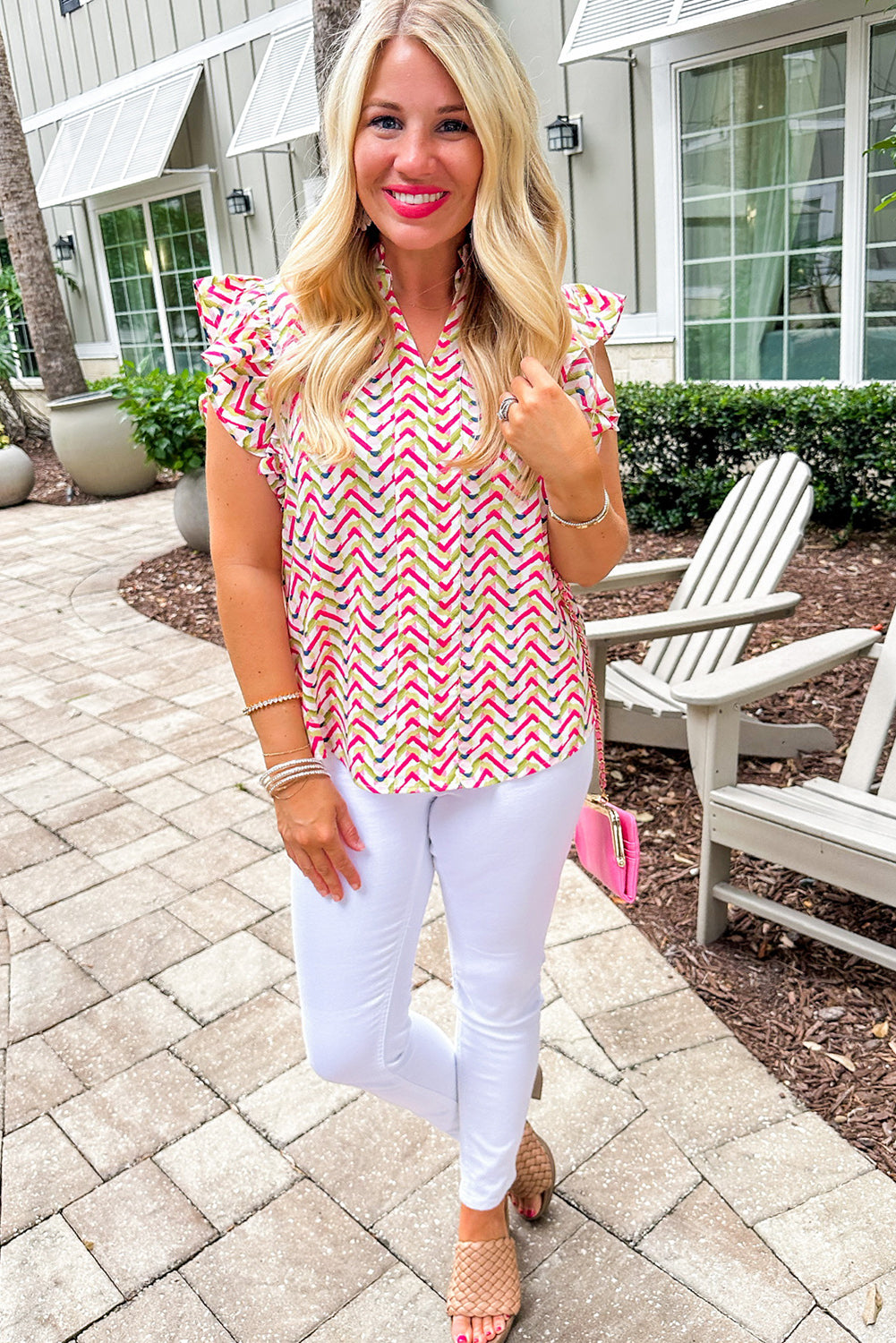 Multicolour Chevron Print Ruffled Sleeve Blouse Tops & Tees JT's Designer Fashion