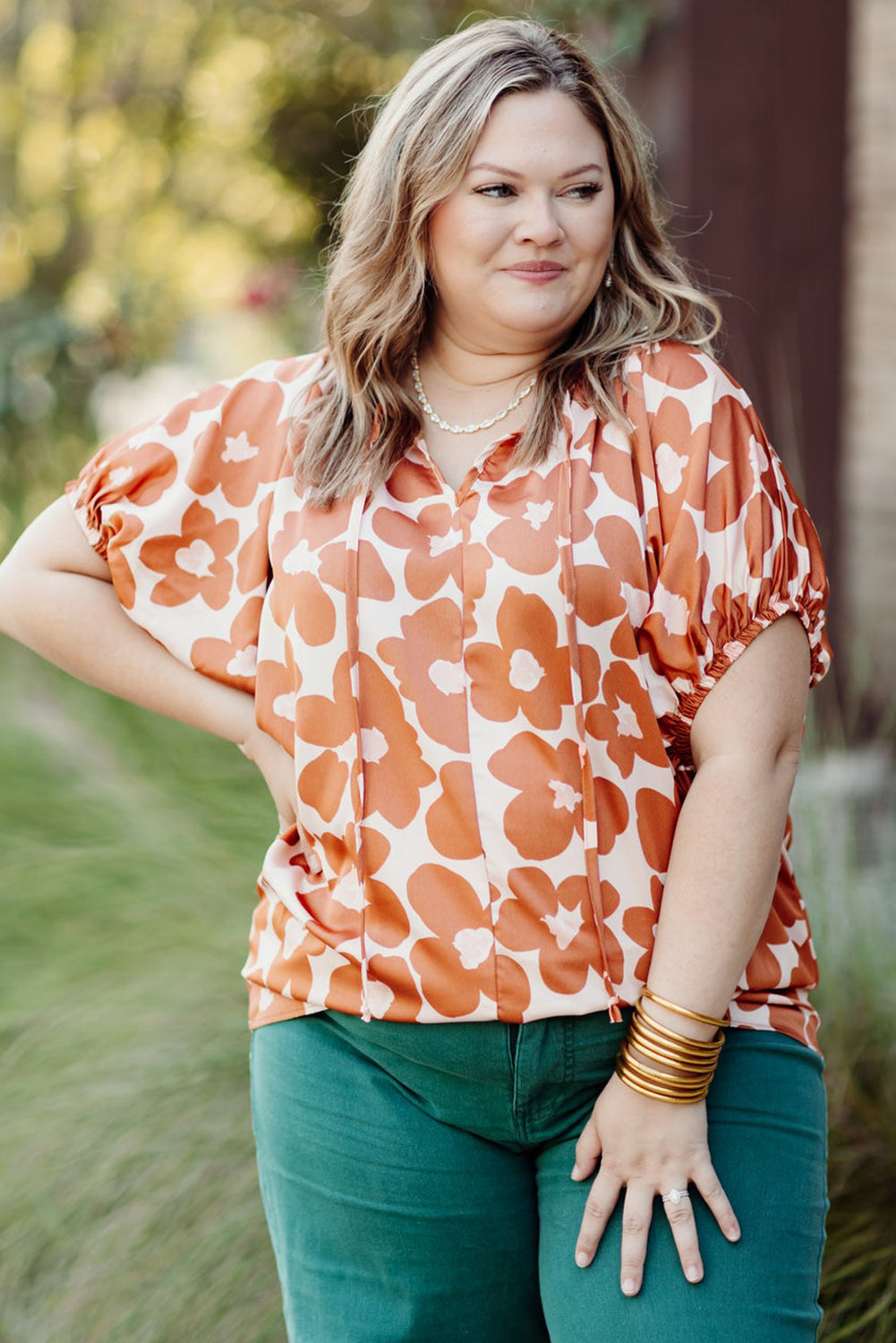 Orange Plus Size Floral Print Drawstring V Neck Short Sleeve Blouse Plus Size JT's Designer Fashion