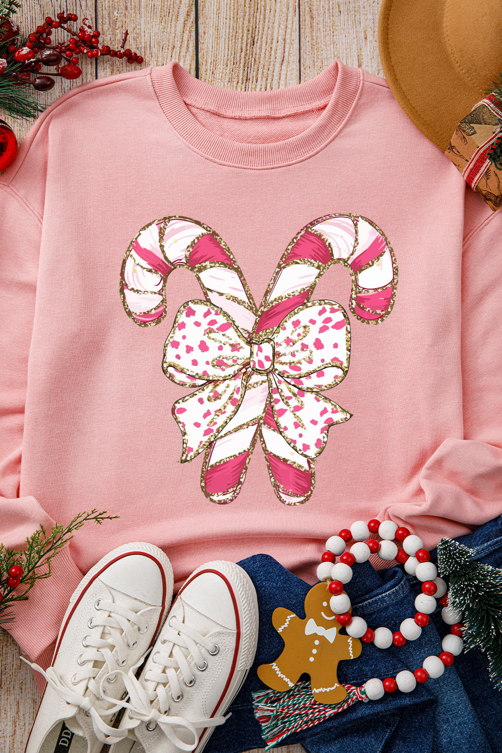 Pink Christmas Bow Candy Cane Graphic Drop Shoulder Crew Neck Sweatshirt Graphic Sweatshirts JT's Designer Fashion