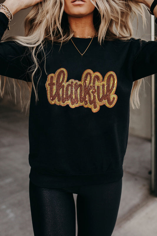 Black Glittering thankful Graphic Drop Shoulder Sweatshirt Black 50%Polyester+50%Cotton Graphic Sweatshirts JT's Designer Fashion