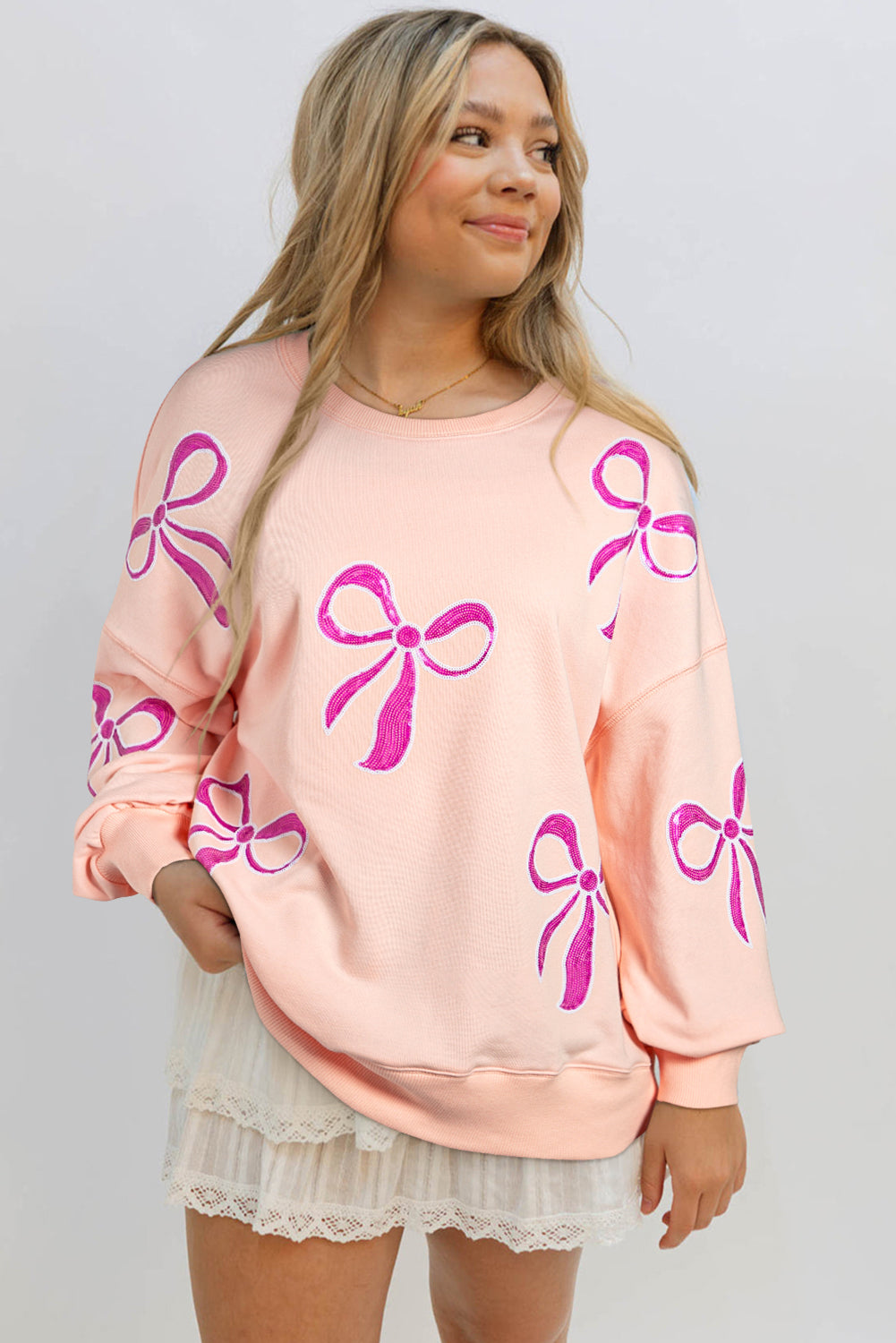 Apricot Pink Sequined Bowknot Drop Shoulder Oversized Sweatshirt Sweatshirts & Hoodies JT's Designer Fashion