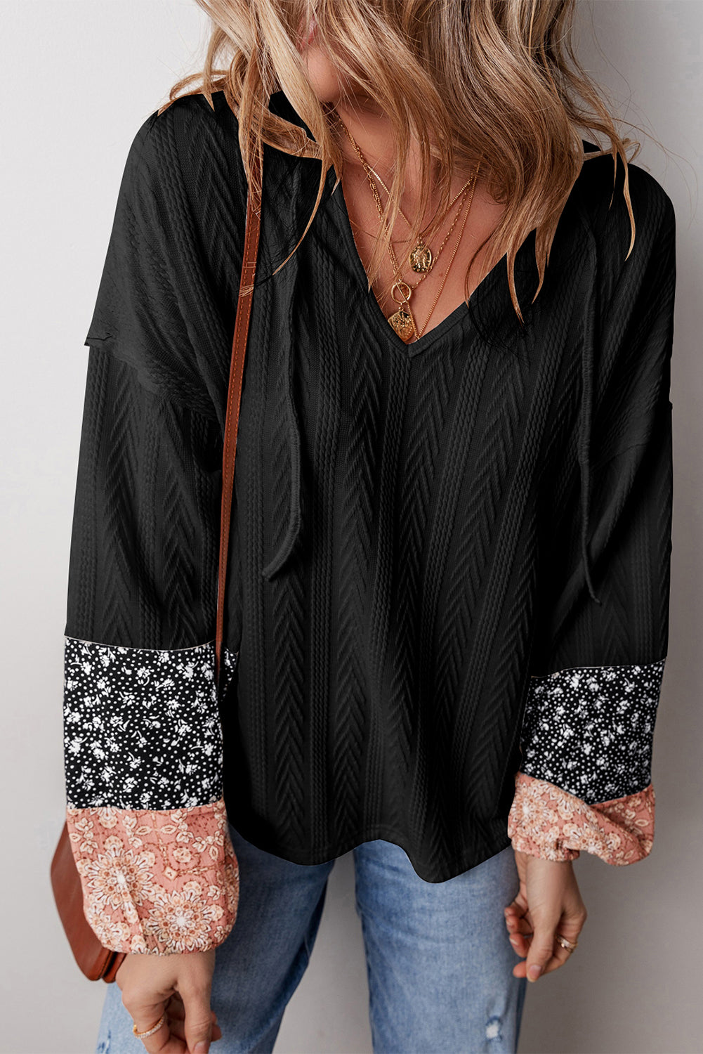 Black Floral Patchwork Textured Knit Drawstring V Neck Blouse Blouses & Shirts JT's Designer Fashion