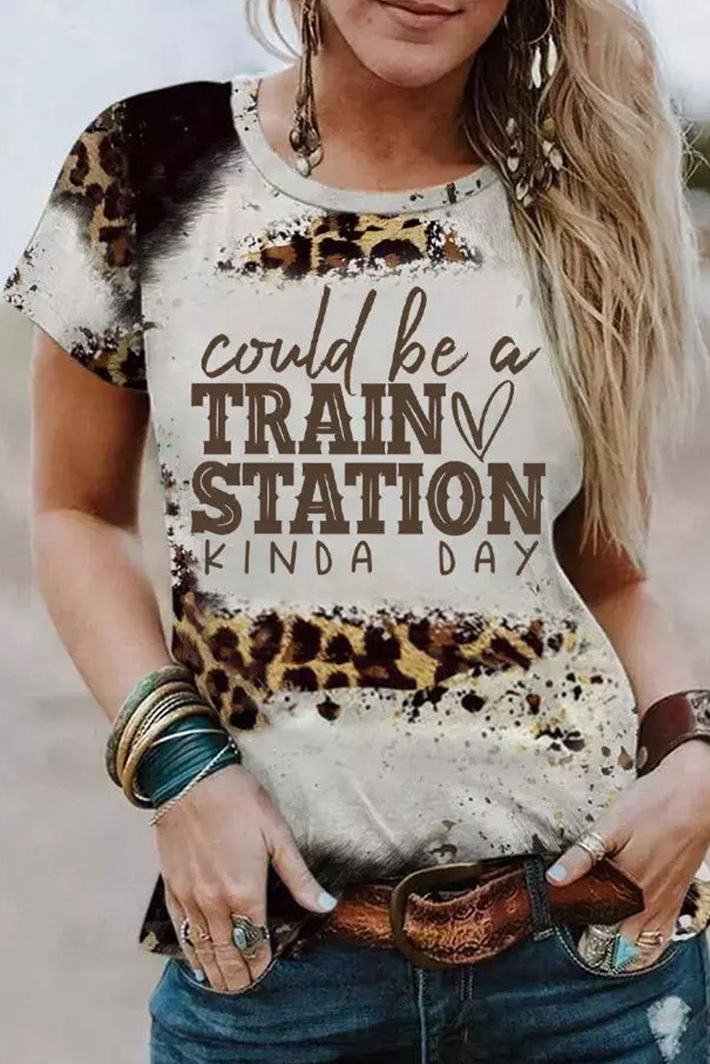 Brown TRAIN STATION Graphic Leopard Print T Shirt Brown 95%Polyester+5%Elastane Graphic Tees JT's Designer Fashion