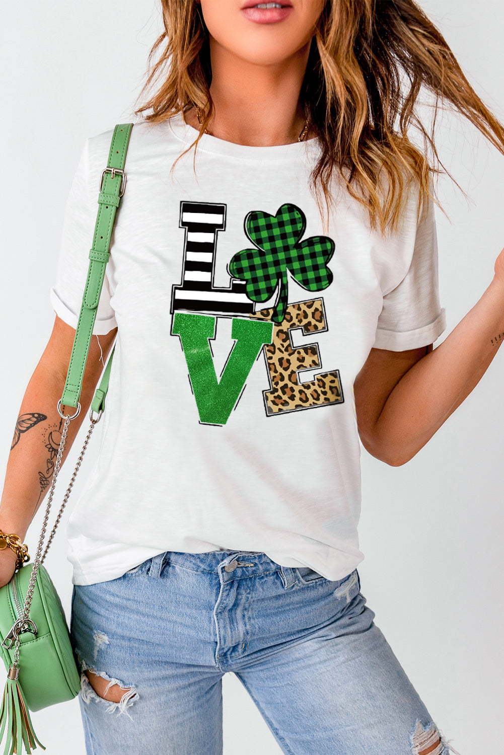 White LOVE Clover Glitter Graphic Print Crew Neck T Shirt Graphic Tees JT's Designer Fashion