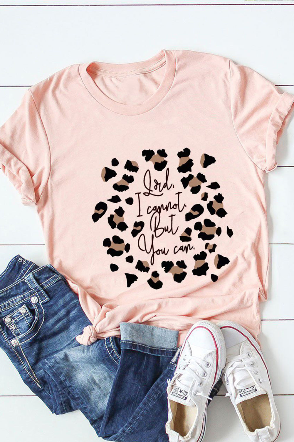 Pink Leopard Letter Printed Slim Fit Short Sleeve T Shirt Pink 95%Polyester+5%Spandex Graphic Tees JT's Designer Fashion