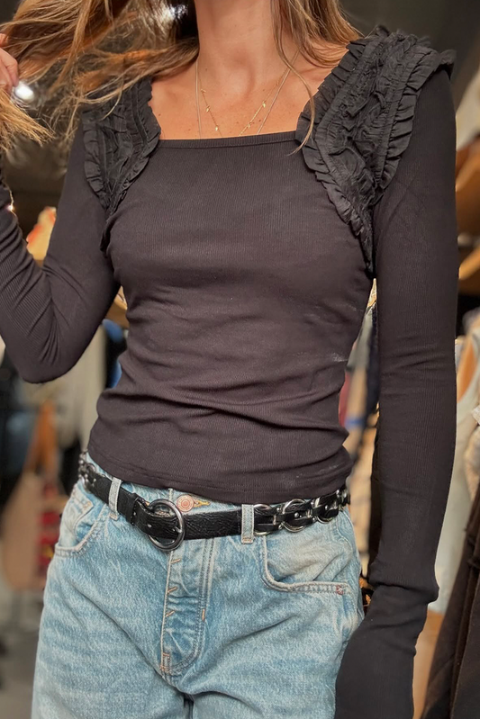 Black Frilled Shoulder Detail Square Neck Ribbed Long Sleeve Top
