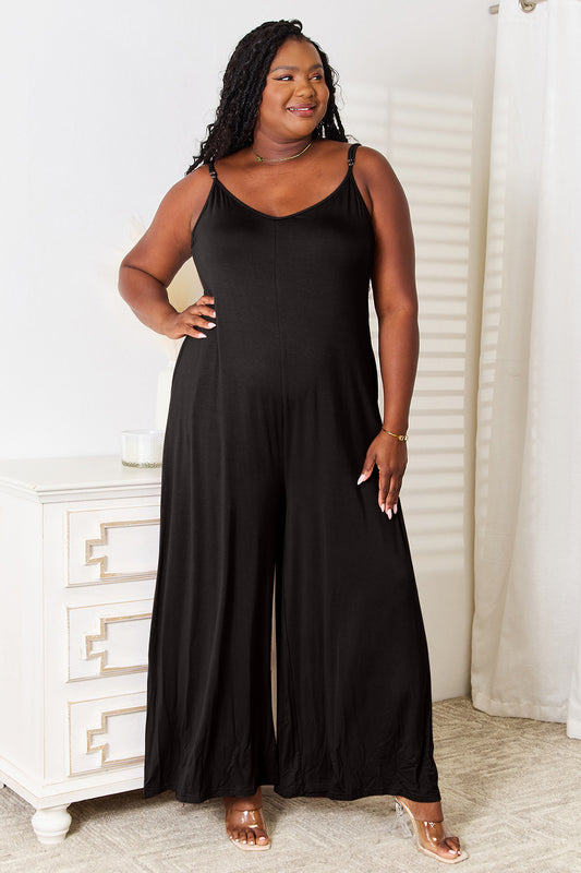 Double Take Full Size Soft Rayon Spaghetti Strap Tied Wide Leg Jumpsuit Black Jumpsuits & Rompers JT's Designer Fashion