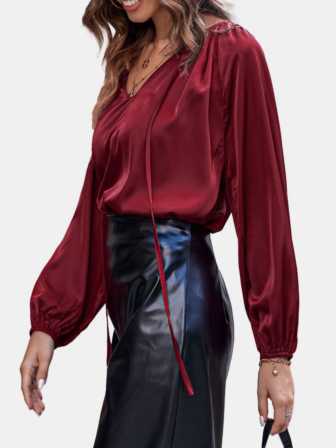 Ruched Tie Neck Balloon Sleeve Blouse Long Sleeve Tops JT's Designer Fashion