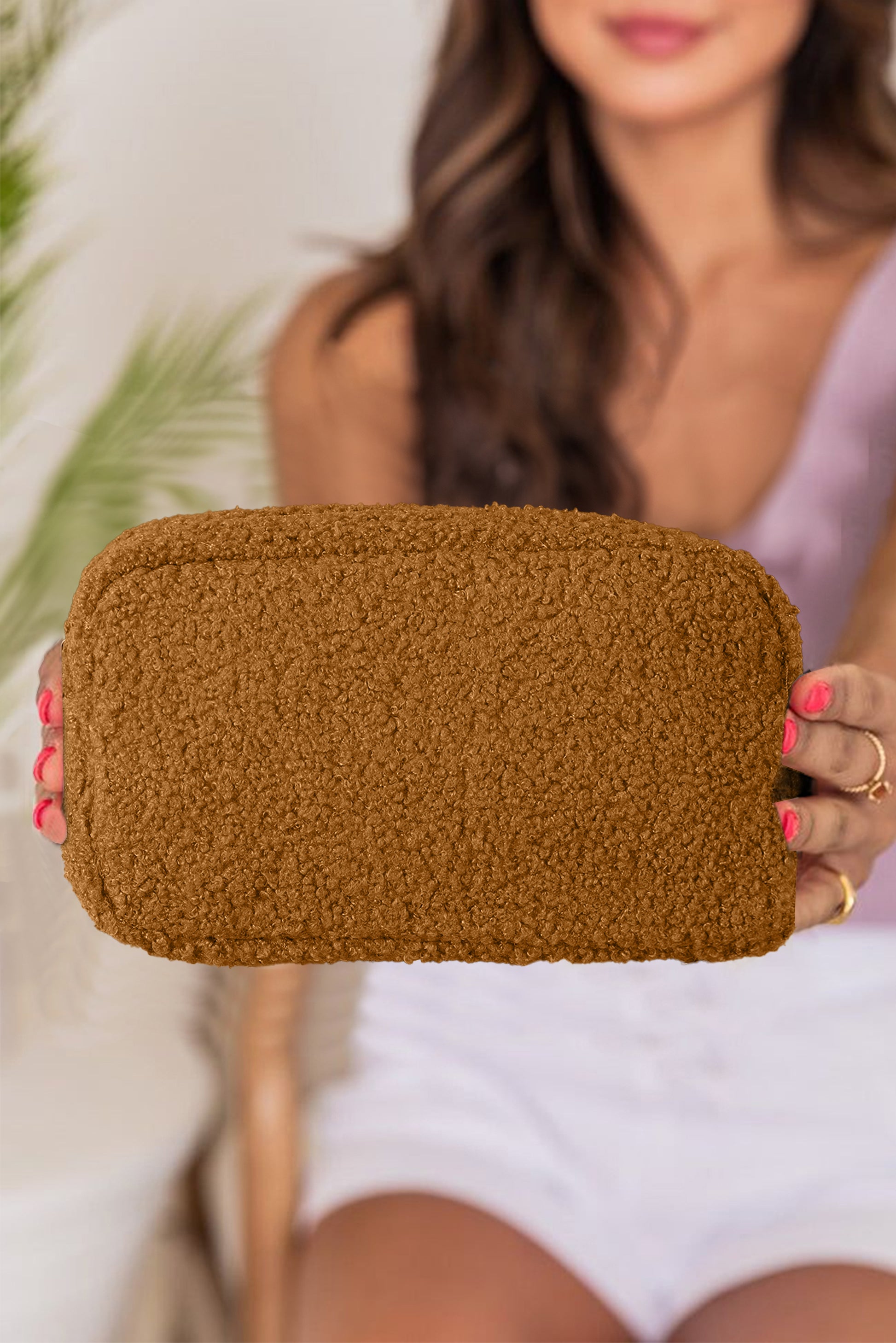 Chestnut Teddy Fleece Zipped Large Makeup Bag Other Accessories JT's Designer Fashion