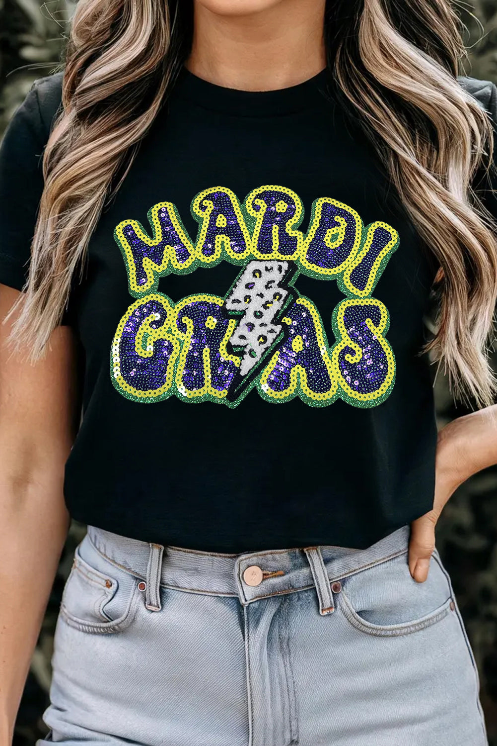 Black MARDI GRAS Lightning Graphic Short Sleeve Top Graphic Tees JT's Designer Fashion