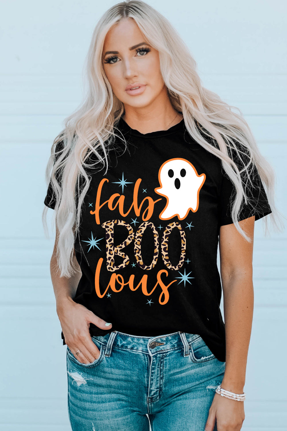 Black Fab Boo Lous Ghost Print Short Sleeve Graphic Tee Graphic Tees JT's Designer Fashion