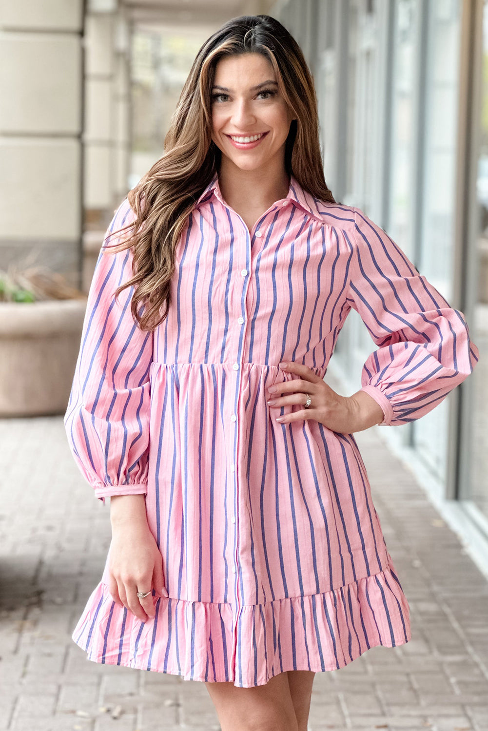 Pink Stripe Ruffled Hem Button-up Collared Shirt Mini Dress Mini Dresses JT's Designer Fashion