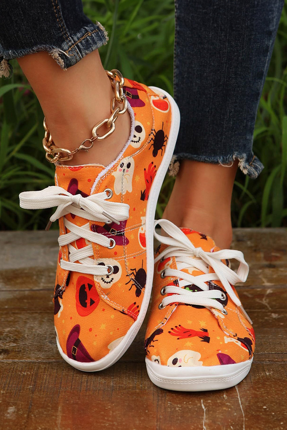 Orange Halloween Pumpkin Ghost Print Lace-up Flat Shoes Women's Shoes JT's Designer Fashion