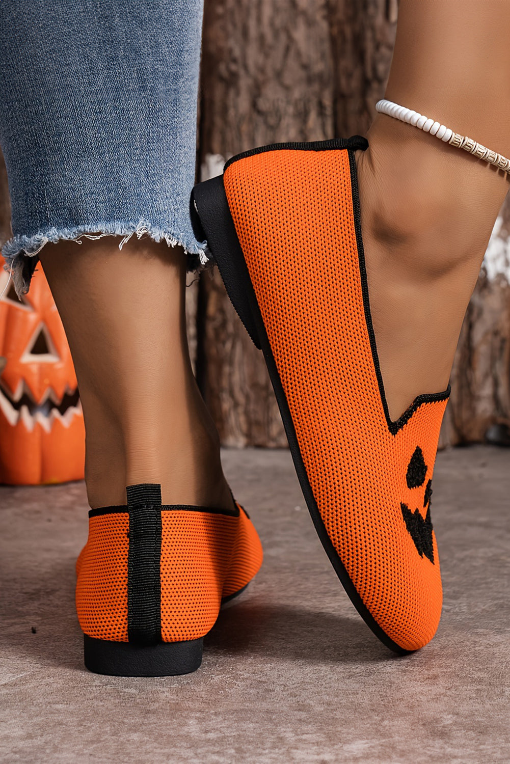 Orange Halloween Pumpkin Face Slip On Flats Women's Shoes JT's Designer Fashion