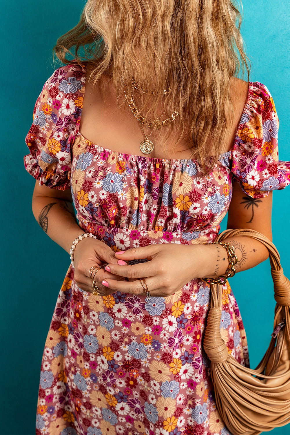 Red Floral Puff Sleeve Square Neck Knot Open Back Mini Dress Floral Dresses JT's Designer Fashion