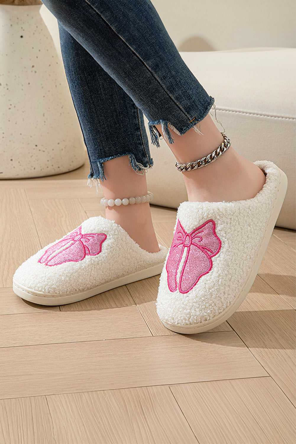 White Cute Bowknot Pattern Plush Valentines Slippers Slippers JT's Designer Fashion