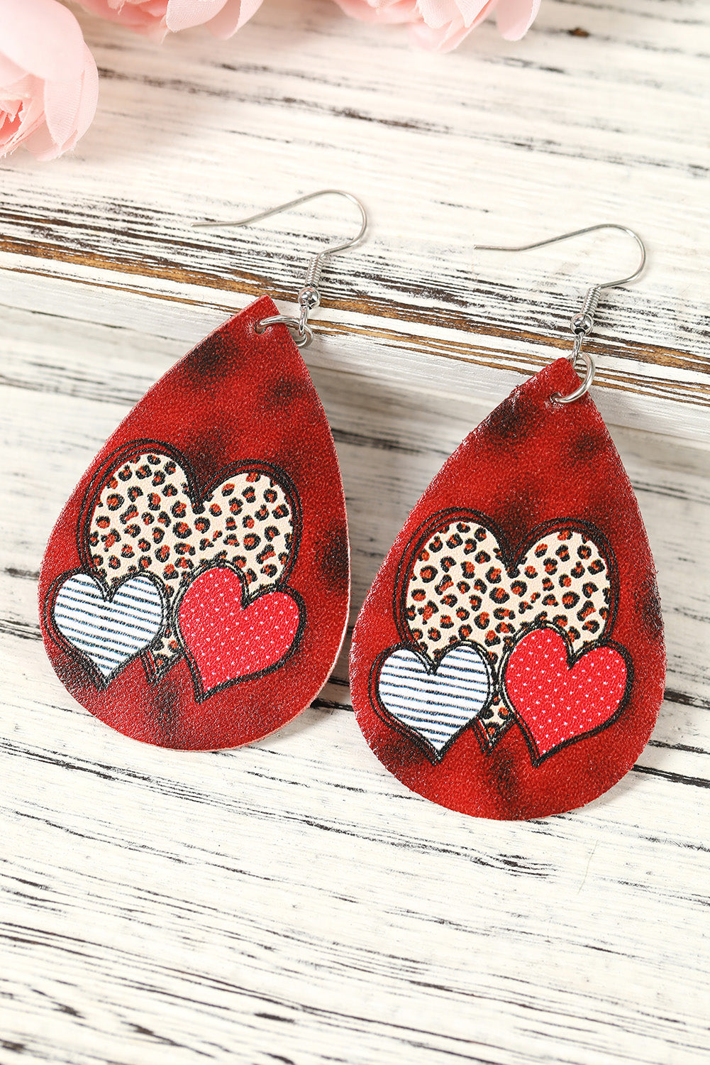 Red Valentine's Day Heart Print Water Drop Earrings Jewelry JT's Designer Fashion