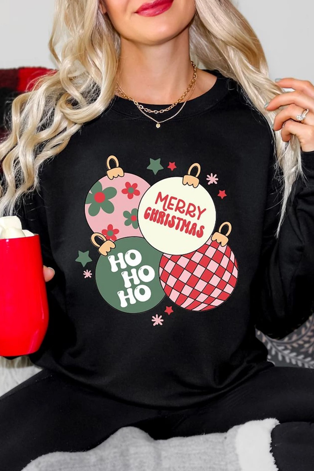 Black Floral Letter Christmas Ball Printed Crewneck Pullover Sweatshirt Black 50%Polyester+50%Cotton Graphic Sweatshirts JT's Designer Fashion