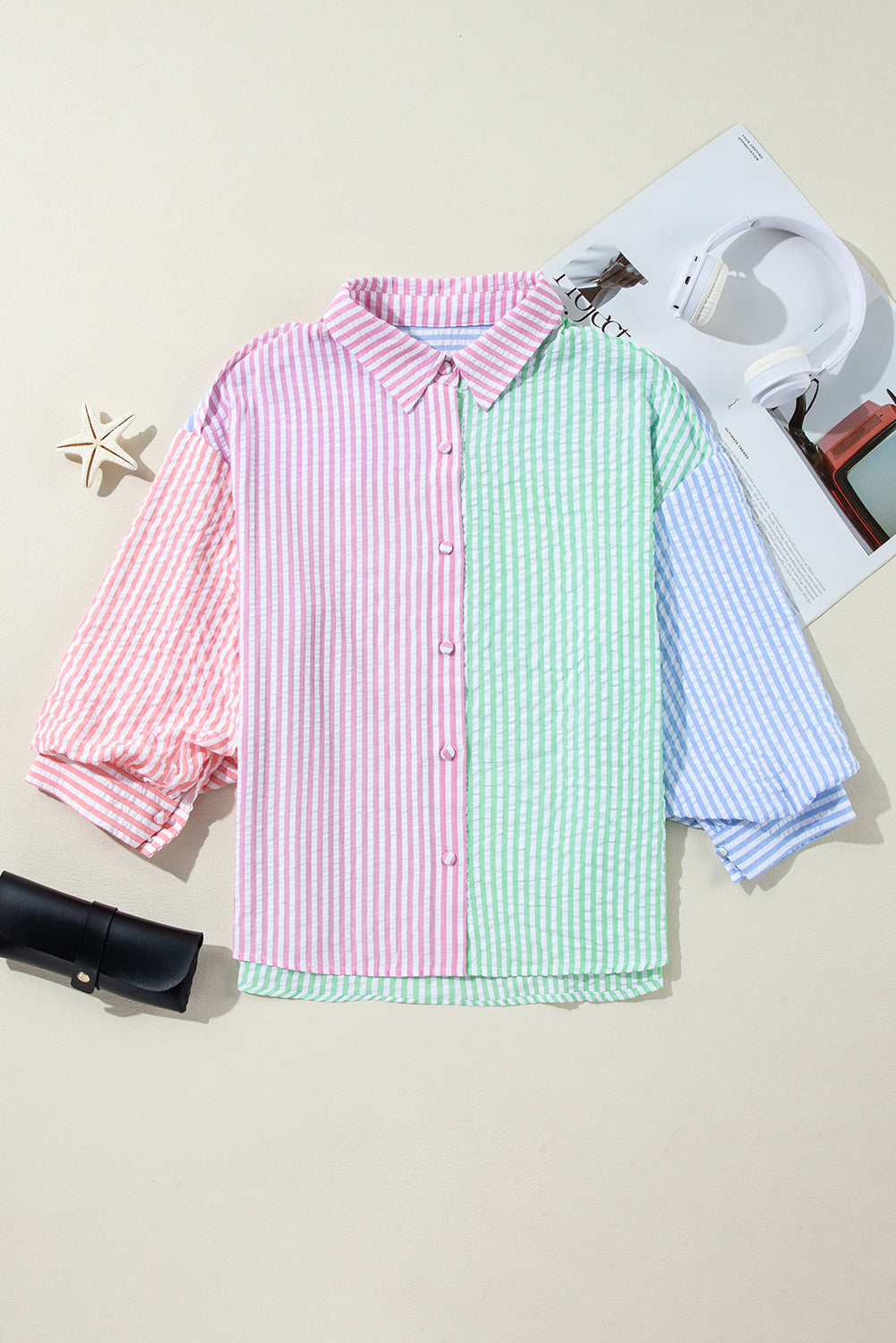 Pink Stripe Color Block Balloon Sleeve Buttoned Loose Fit Shirt Blouses & Shirts JT's Designer Fashion