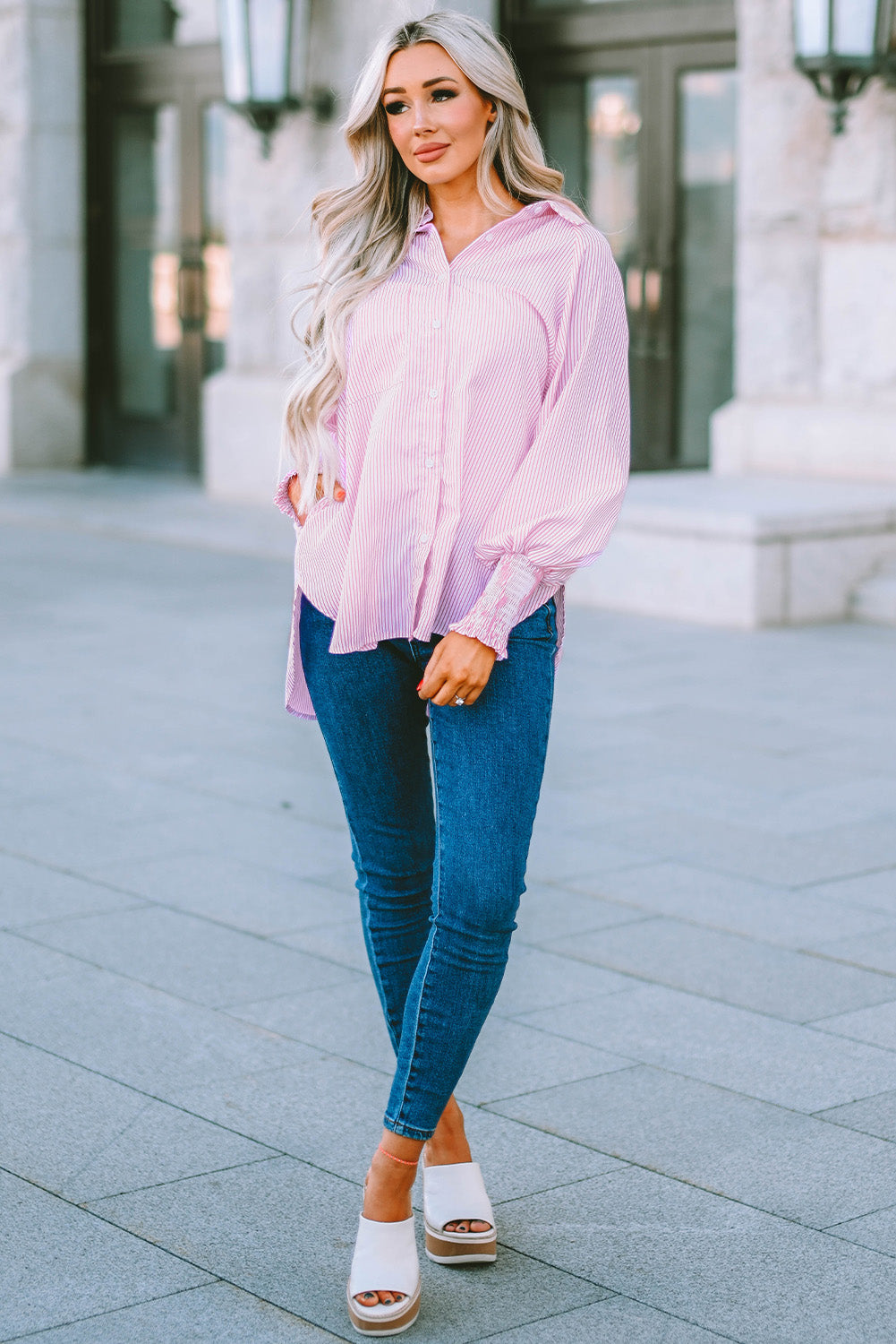 Pink Smocked Cuffed Striped Boyfriend Shirt with Pocket Blouses & Shirts JT's Designer Fashion